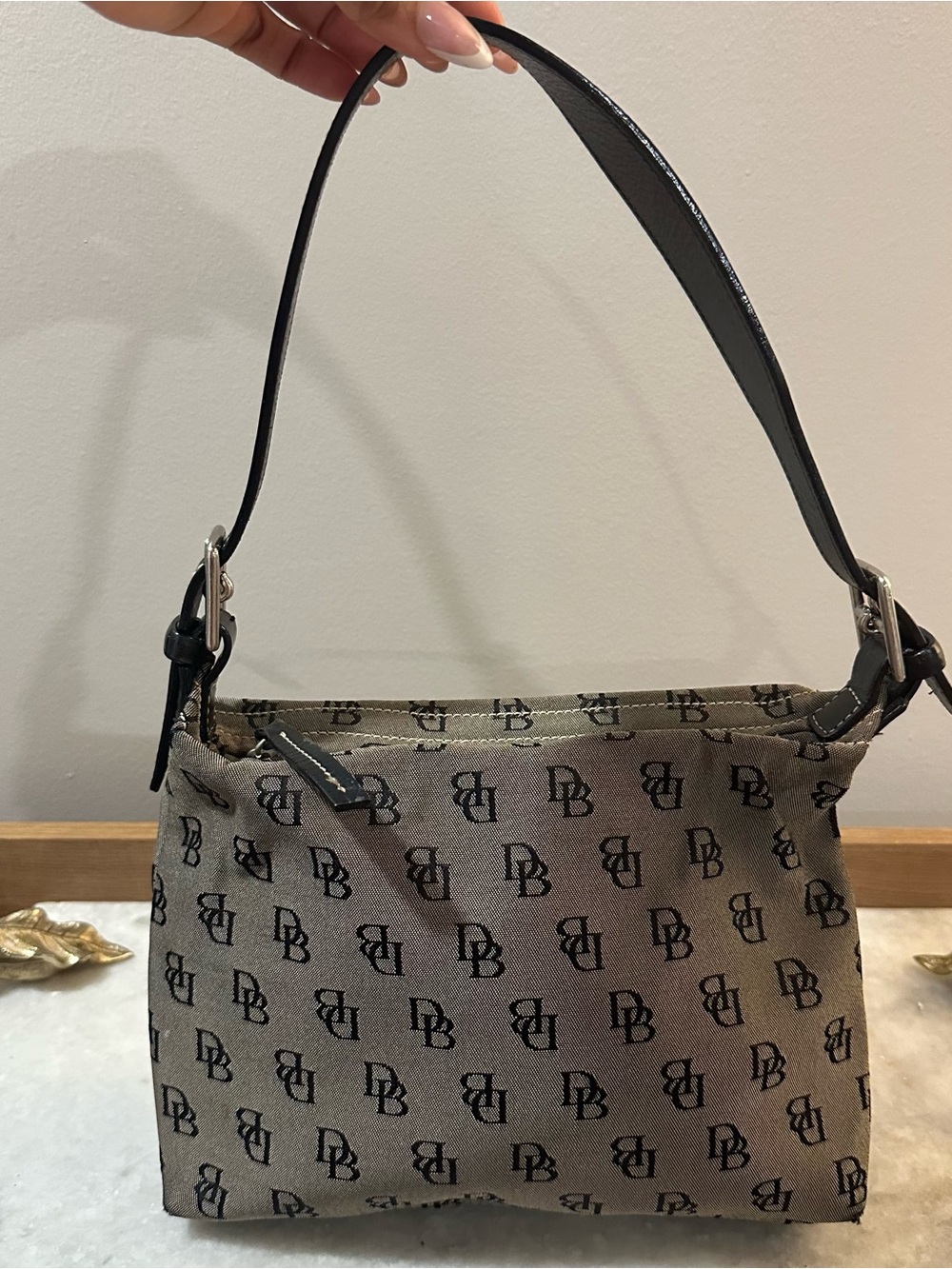 Vingtags Dooney & Bourke Beige Canvas Shoulder Bag with Black Monogram